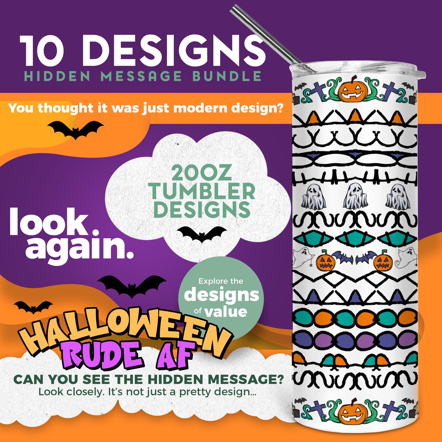 10 Designs Halloween Bundle Hidden Message Geometric 20 oz Tumbler | Hidden Message Halloween PNG Halloween SVG for Sublimation & Cricut