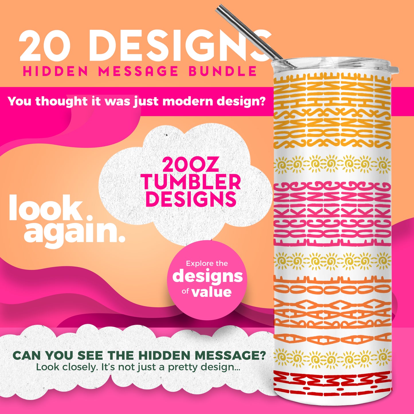 20 Designs Bundle Hidden Message Geometric 20 oz Tumbler | Hidden Message PNG SVG for Sublimation & Cricut