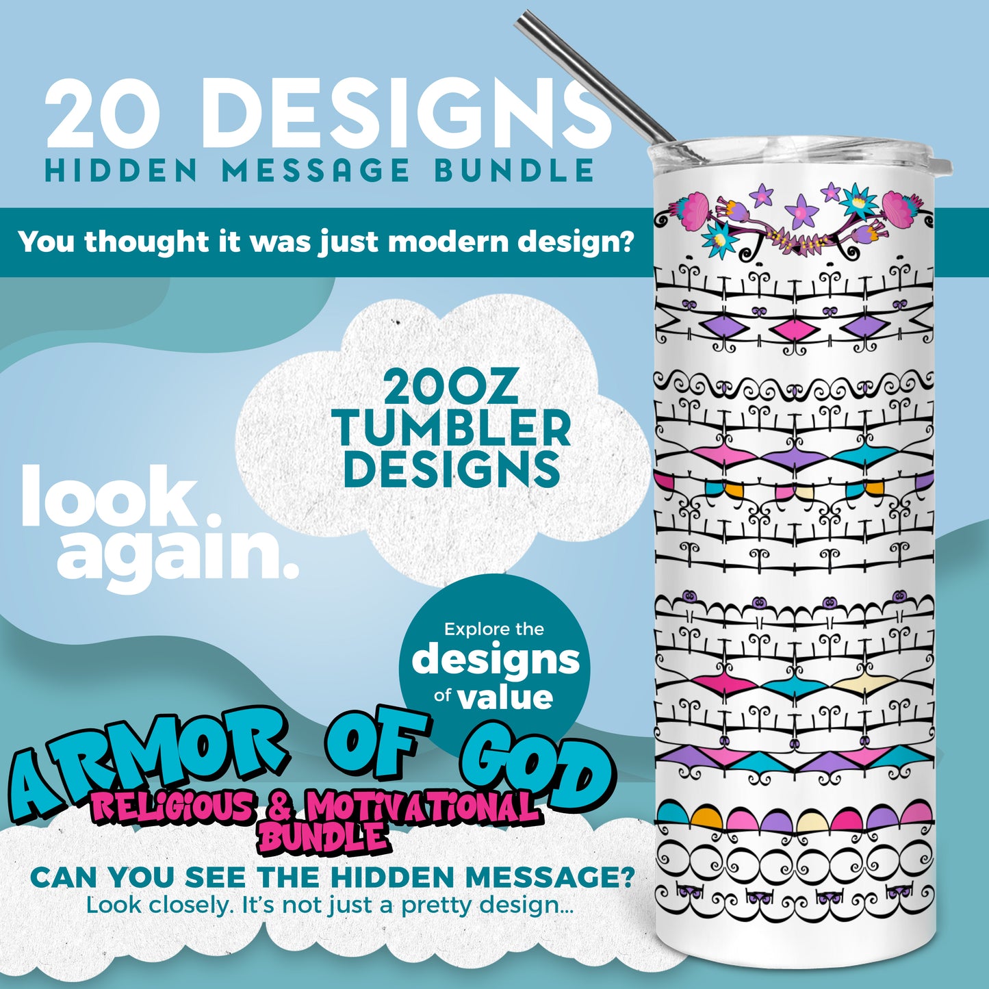 20 Designs Religious Motivational Bundle Hidden Message Geometric 20 oz Tumbler | Hidden Message Halloween PNG Religious SVG for Sublimation & Cricut