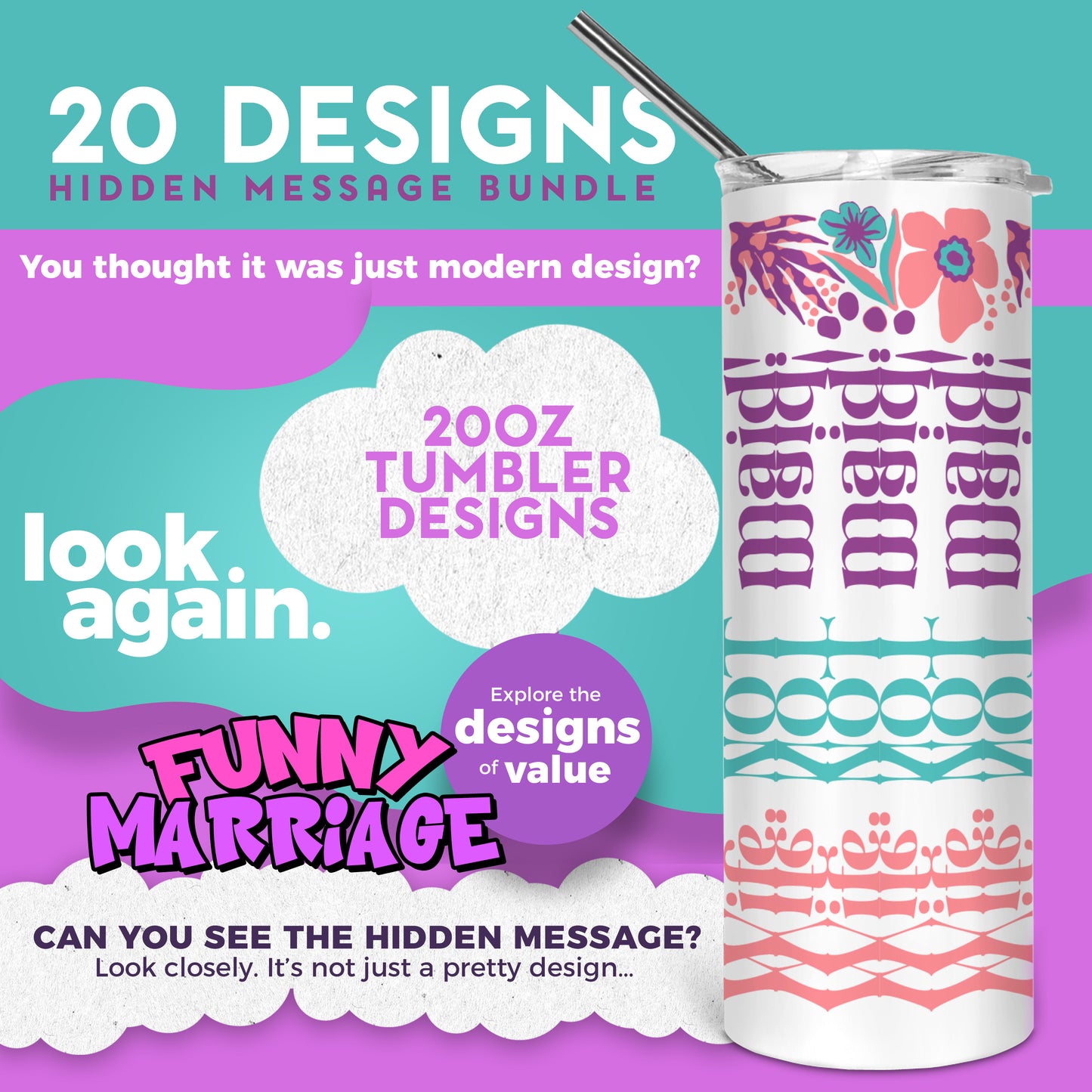 20 Designs Funny Marriage Bundle Hidden Message Geometric 20 oz Tumbler | Hidden Message Funny Marriage PNG Funny Marriage SVG for Sublimation & Cricut
