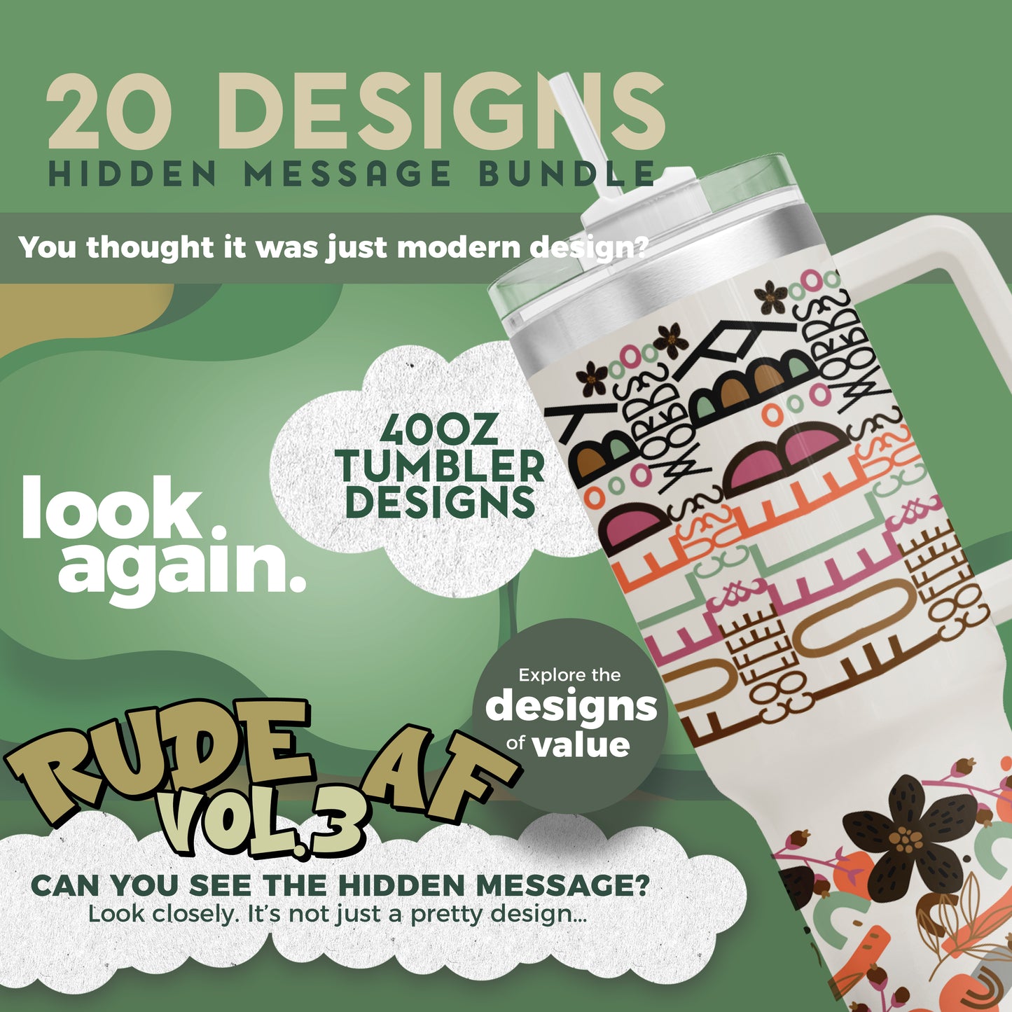20 Designs Sarcastic Rude Af Bundle Hidden Message Geometric 40 oz Tumbler | Hidden Message Sarcastic Rude Af Bundle PNG Sarcastic 40oz Tumbler SVG for Sublimation & Cricut