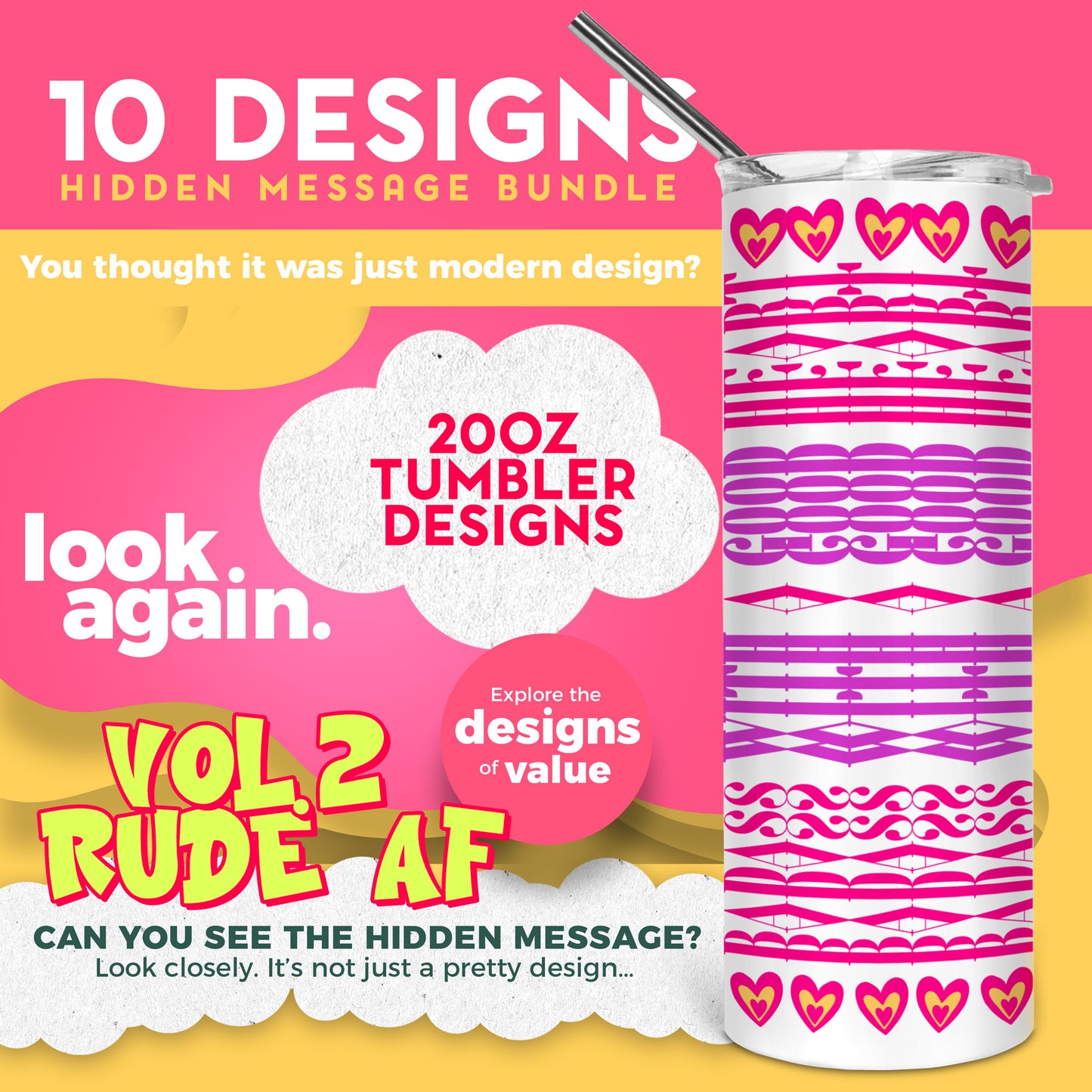 10 Designs Bundle Hidden Message Geometric 20 oz Tumbler | Hidden Message PNG SVG for Sublimation & Cricut