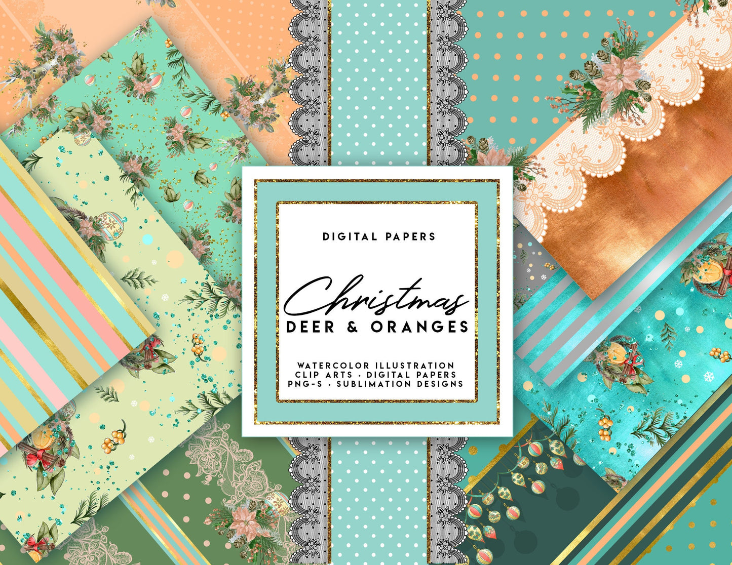DIGITAL PAPERS Christmas Deer & Oranges Christmas Patterns, Planner Stickers, Children Fabrics, Sublimation Designs