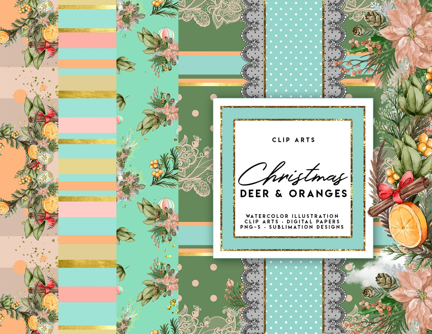 DIGITAL PAPERS Christmas Deer & Oranges Christmas Patterns, Planner Stickers, Children Fabrics, Sublimation Designs