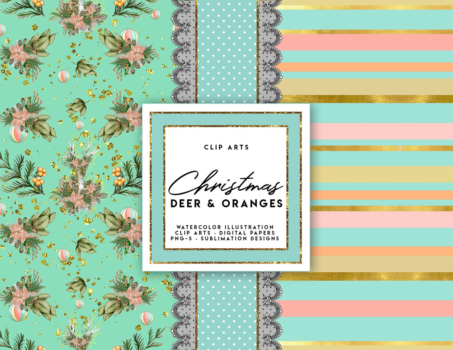 DIGITAL PAPERS Christmas Deer & Oranges Christmas Patterns, Planner Stickers, Children Fabrics, Sublimation Designs