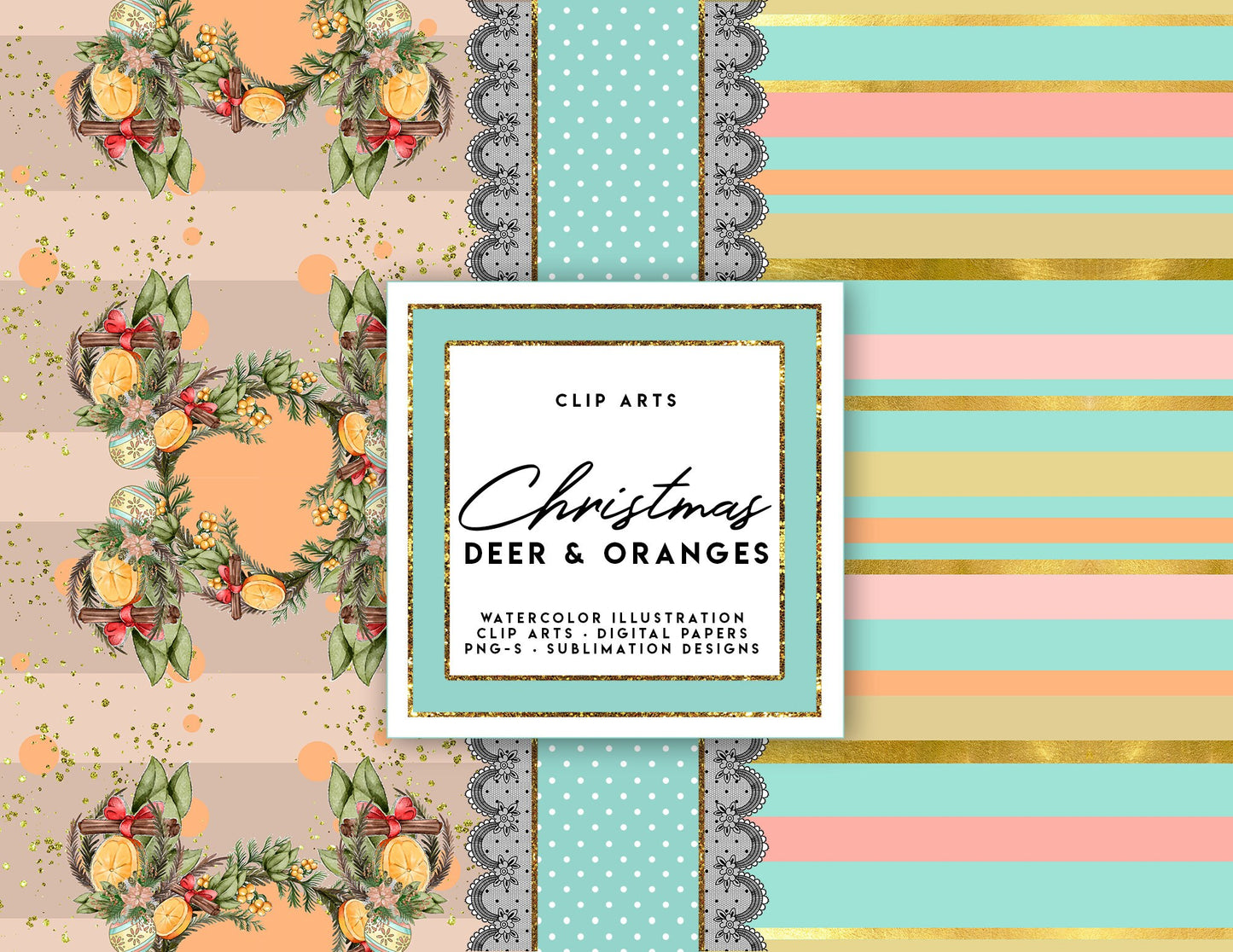 DIGITAL PAPERS Christmas Deer & Oranges Christmas Patterns, Planner Stickers, Children Fabrics, Sublimation Designs