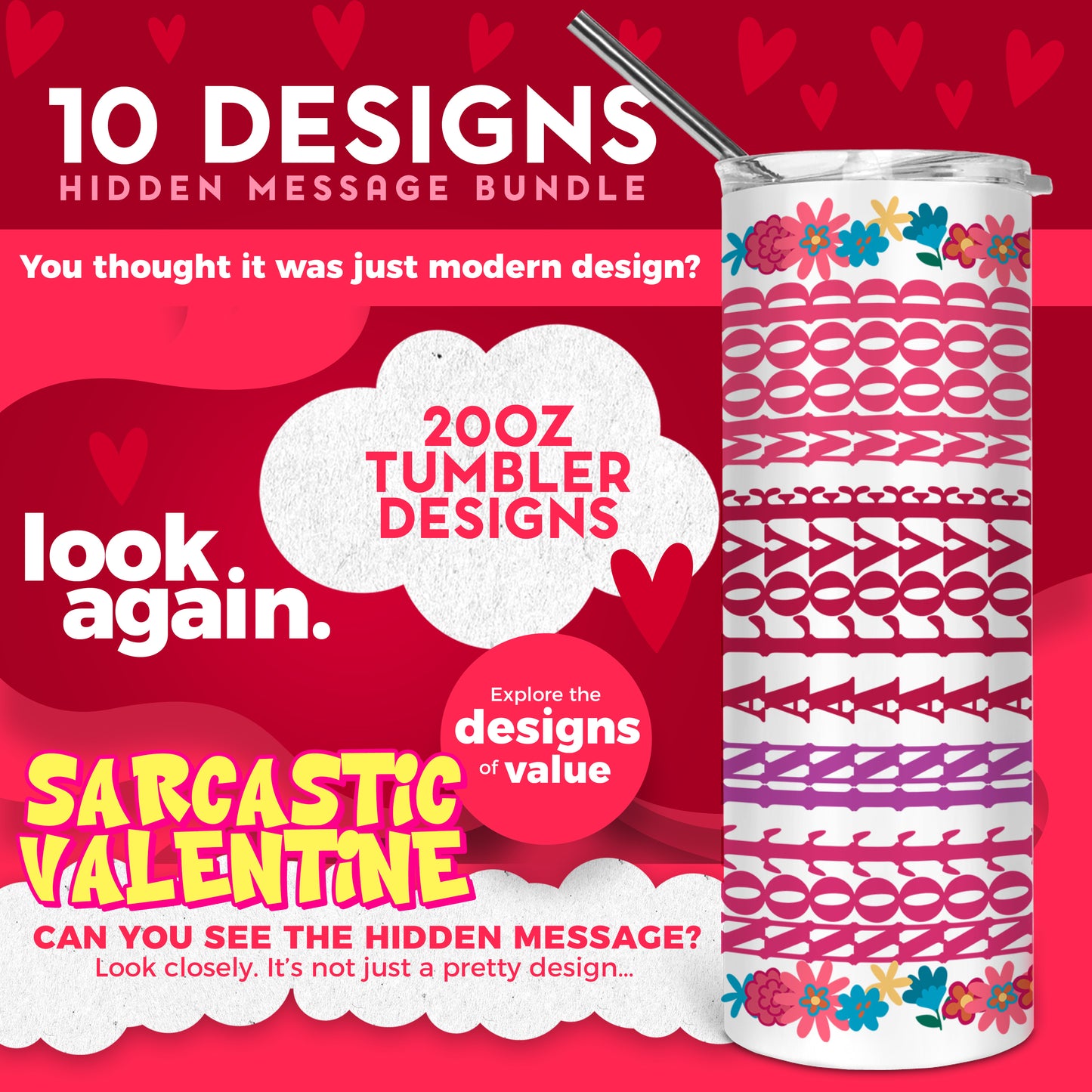 10 Designs Anti Valentine's Day Sarcastic Bundle Hidden Message Geometric 20 oz Tumbler | Hidden Message Sarcastic Valentine SVG for Sublimation & Cricut