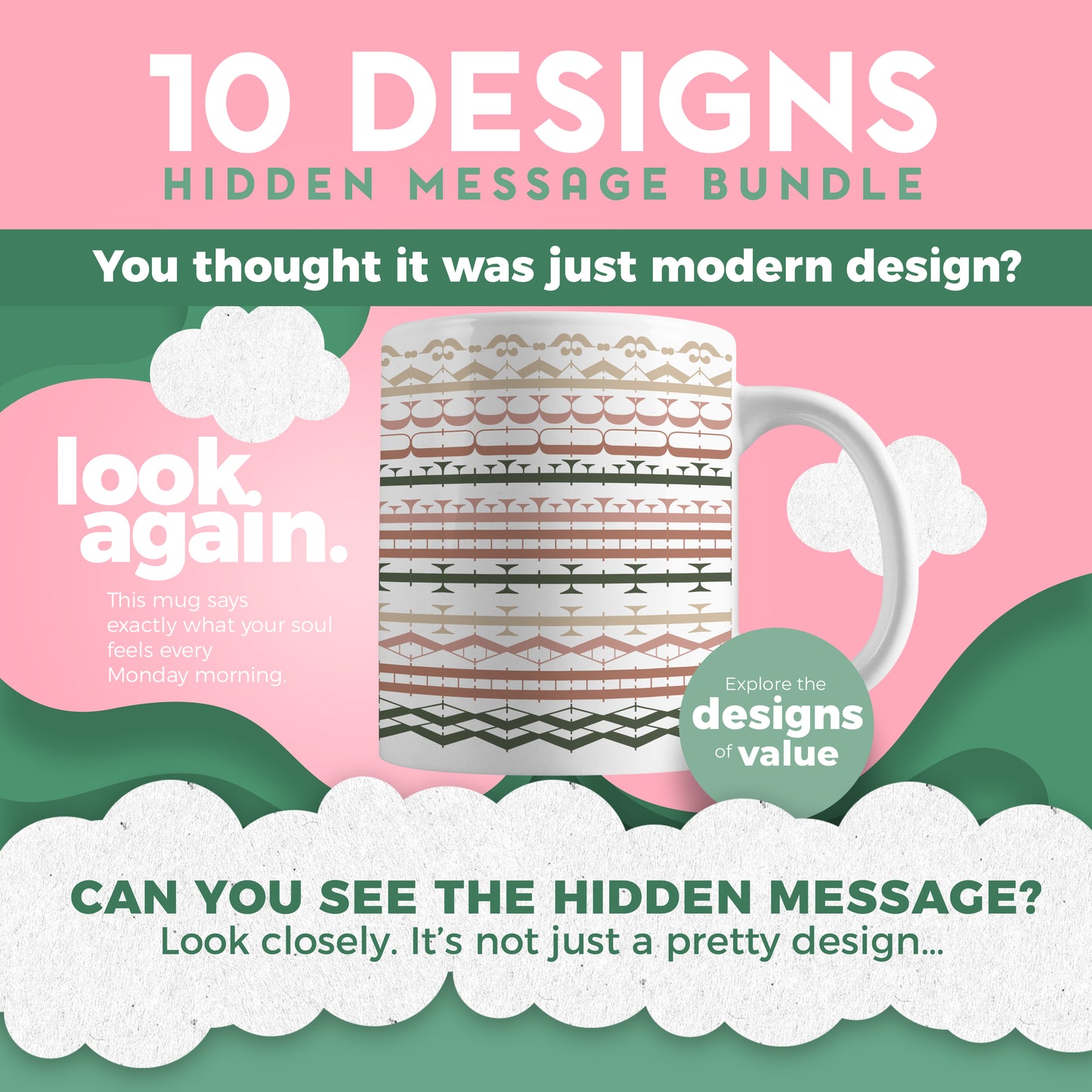 10 Designs Bundle Hidden Message Geometric Mug Design | Hidden Message PNG SVG for Sublimation & Cricut