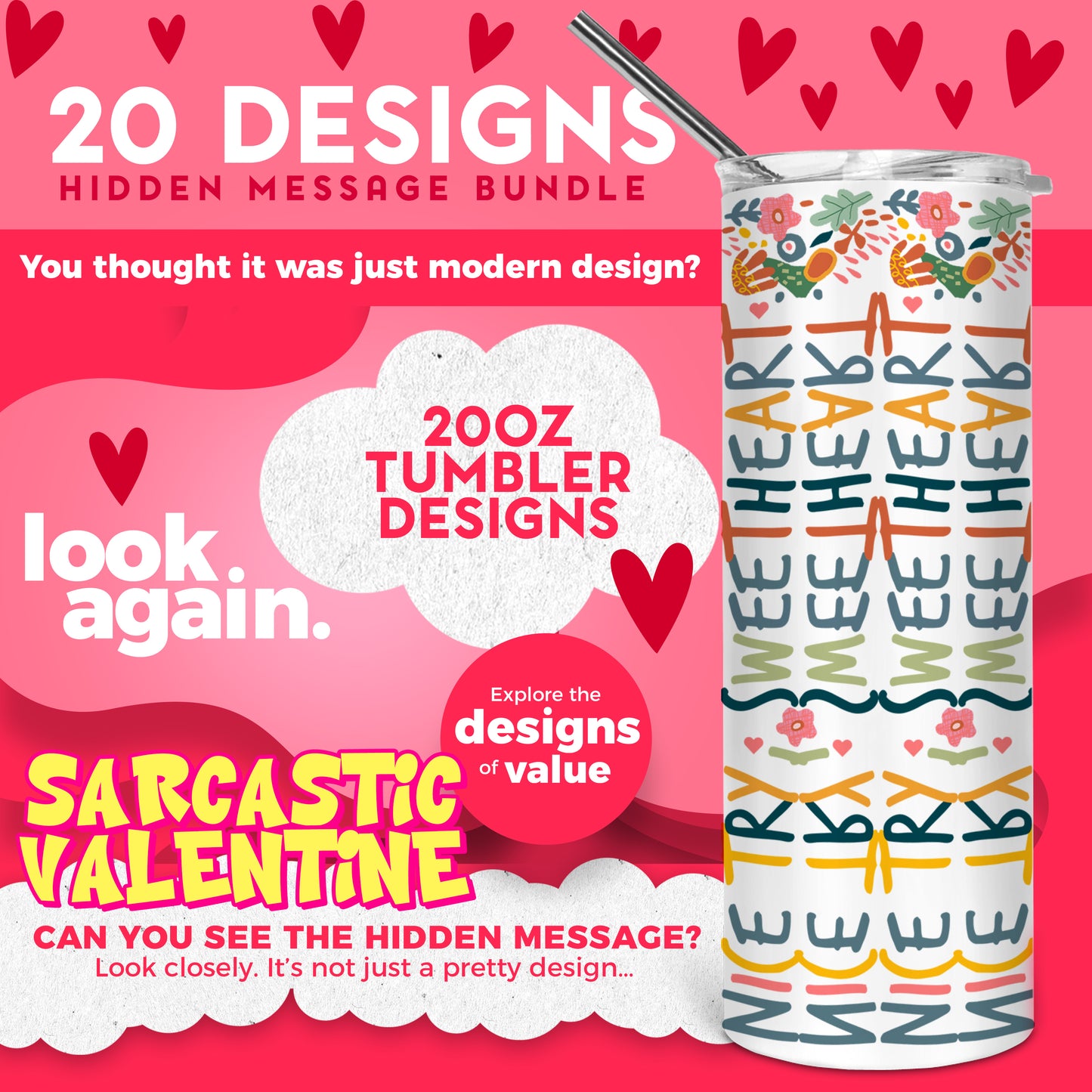 20 Designs Anti Valentine's Day Sarcastic Bundle Hidden Message Geometric 20 oz Tumbler | Hidden Message Sarcastic Valentine SVG for Sublimation & Cricut