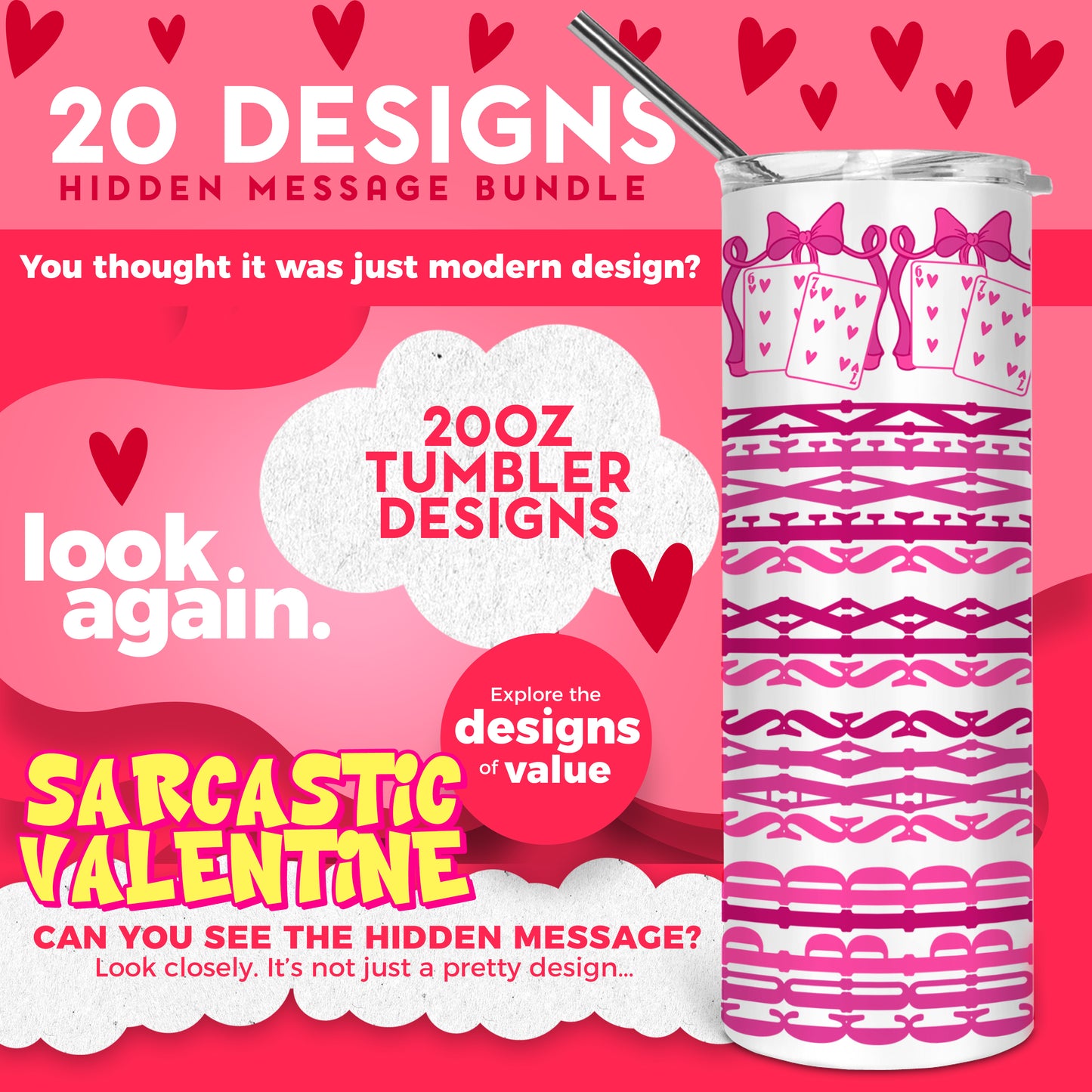 20 Designs Anti Valentine's Day Sarcastic Bundle Hidden Message Geometric 20 oz Tumbler | Hidden Message Sarcastic Valentine SVG for Sublimation & Cricut