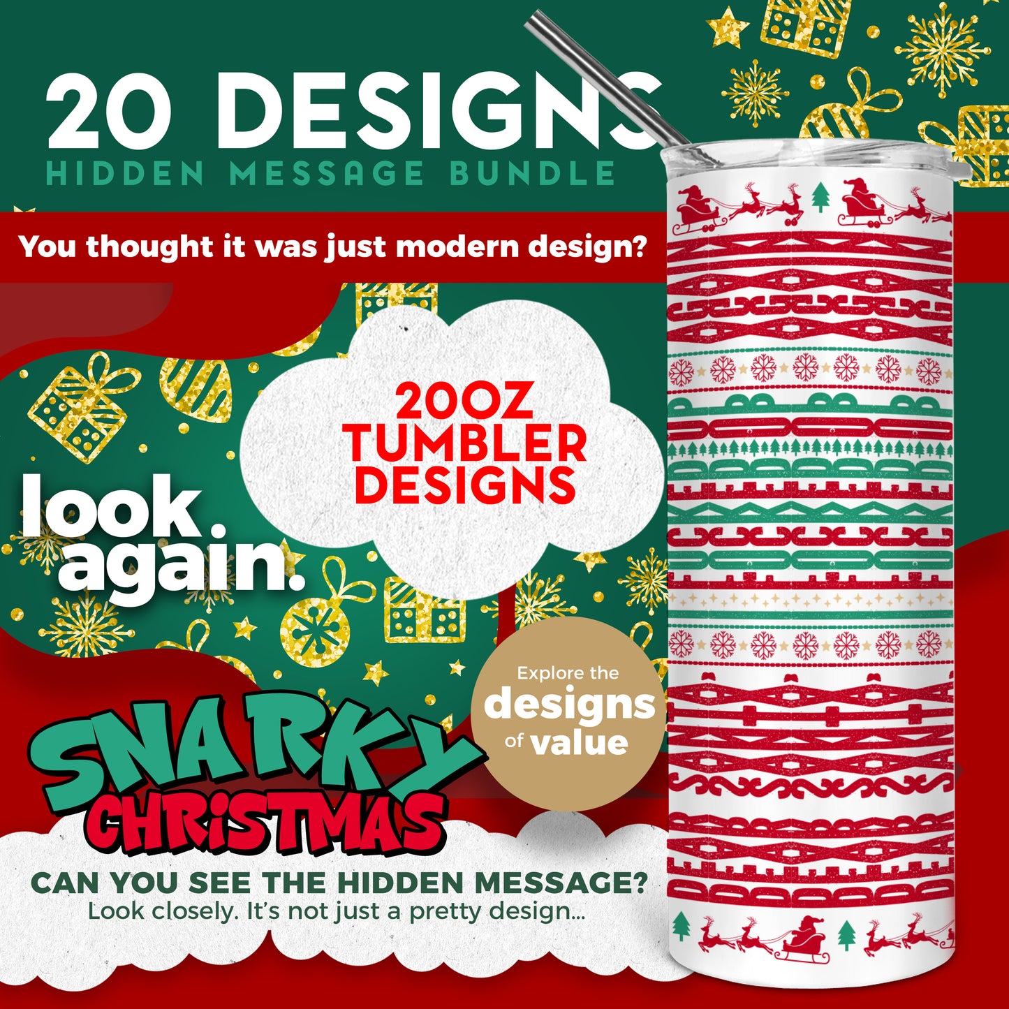 20 Designs Snarky Christmas Bundle Hidden Message Geometric 20 oz Tumbler | Hidden Message Christmas PNG Christmas SVG for Sublimation & Cricut