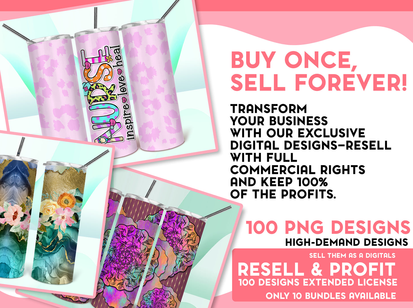 100 designs Exclusive Bundle Tumbler Digital Designs with full commercial License you can resell as a Digital Files