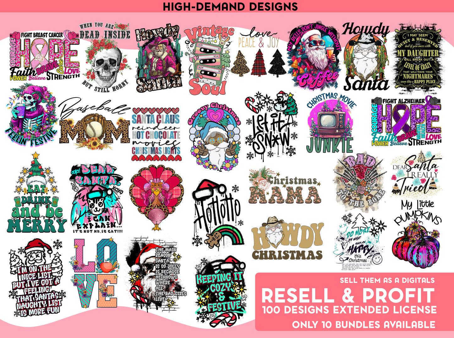 100 designs Exclusive Bundle Digital Designs with full commercial License you can resell as a Digital Files