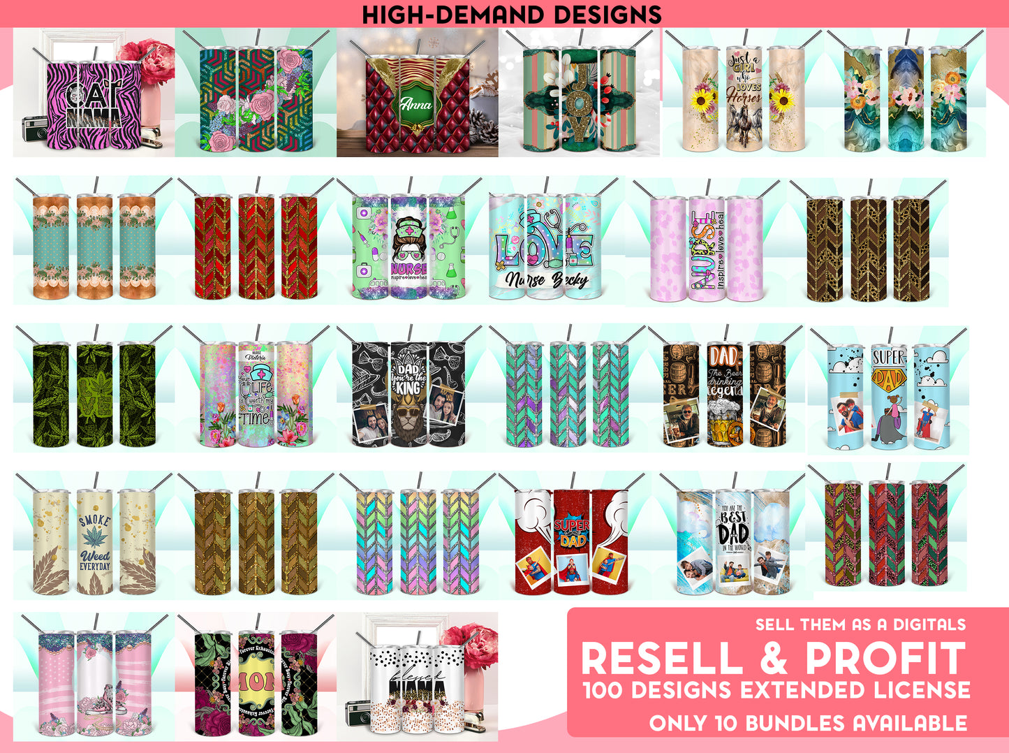 100 designs Exclusive Bundle Tumbler Digital Designs with full commercial License you can resell as a Digital Files