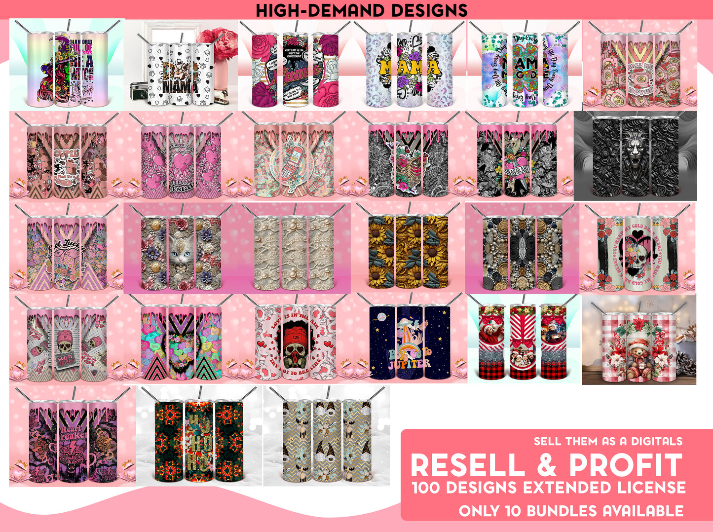 100 designs Exclusive Bundle Tumbler Digital Designs with full commercial License you can resell as a Digital Files