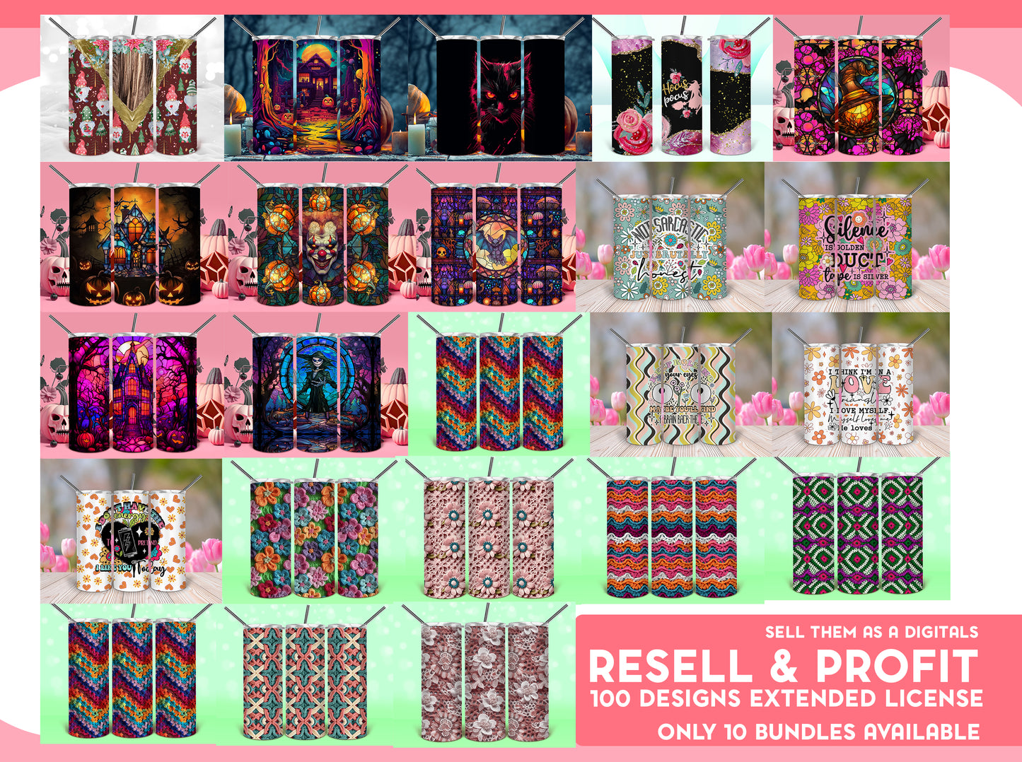 100 designs Exclusive Bundle Tumbler Digital Designs with full commercial License you can resell as a Digital Files