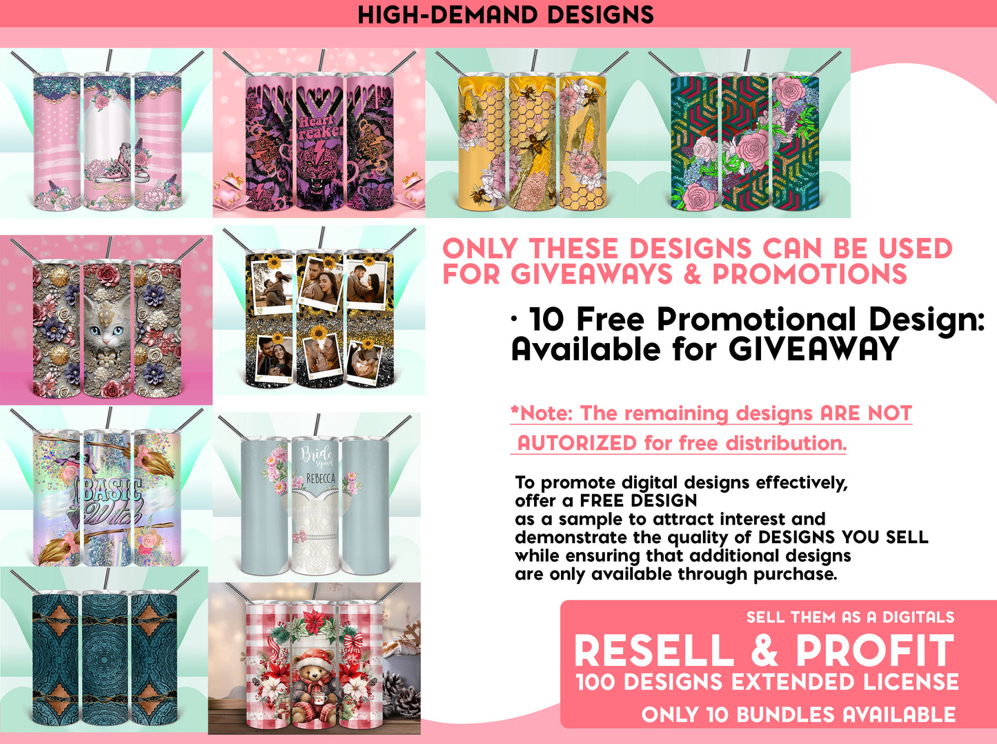 100 designs Exclusive Bundle Tumbler Digital Designs with full commercial License you can resell as a Digital Files