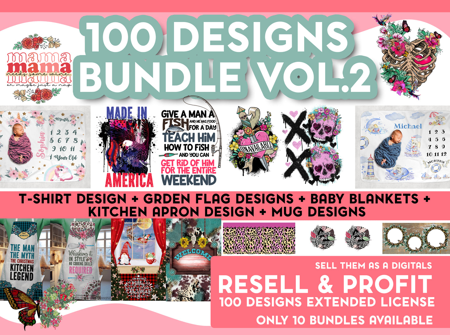 100 designs Exclusive Bundle VOL.2 Digital Designs with full commercial License you can resell as a Digital Files (Copy)