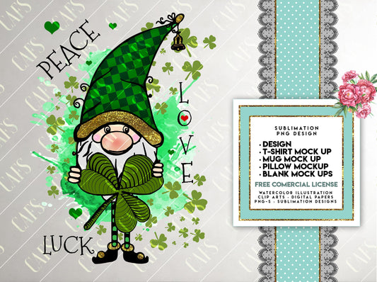 St. Patricks Day - GNOME Peace Love Luck - Sublimation Digital Design PNG Design Download, Sublimation Template T shirt, Mug Template Gnome