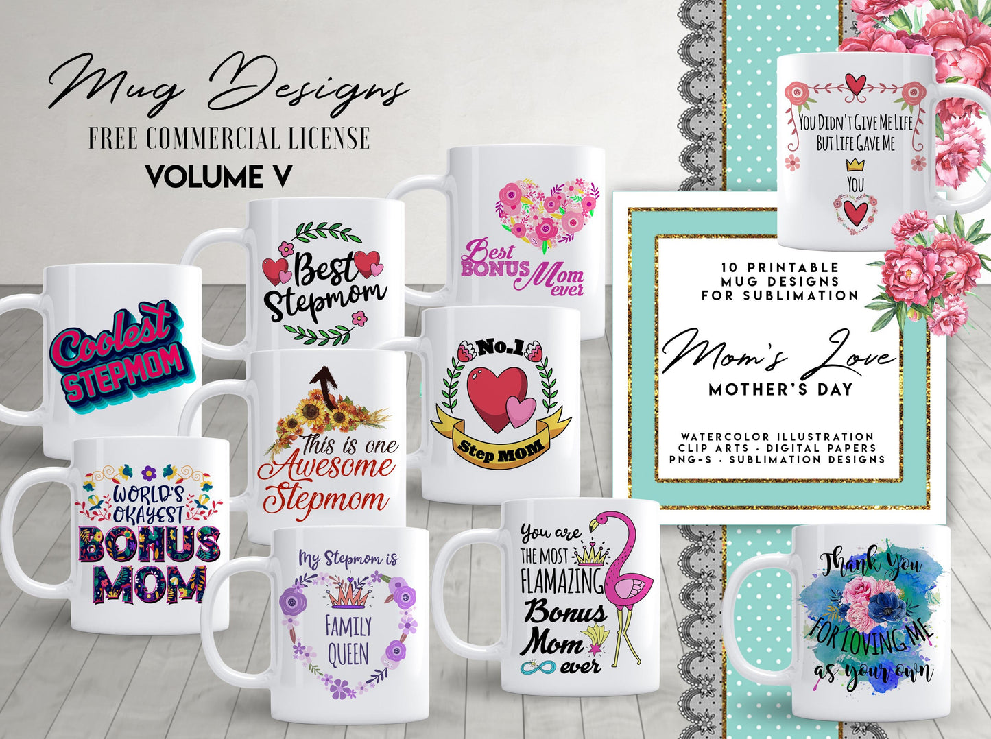 10 MOTHERS DAY Stepmom Bonus Mum Mug Template Design for Sublimation Printing Mug Stepmom Mug Bonus Mom Stepmum Sublimation tempalte design