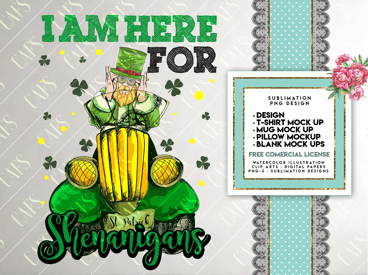 St. Patricks Day - Here for Shenanigans - Sublimation Digital Design PNG Design Download, Sublimation Template T-shirt, Mug, Pillow, Bag