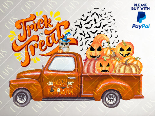 Trick or Treat Png Sublimation Design with truck and scary pumpkins