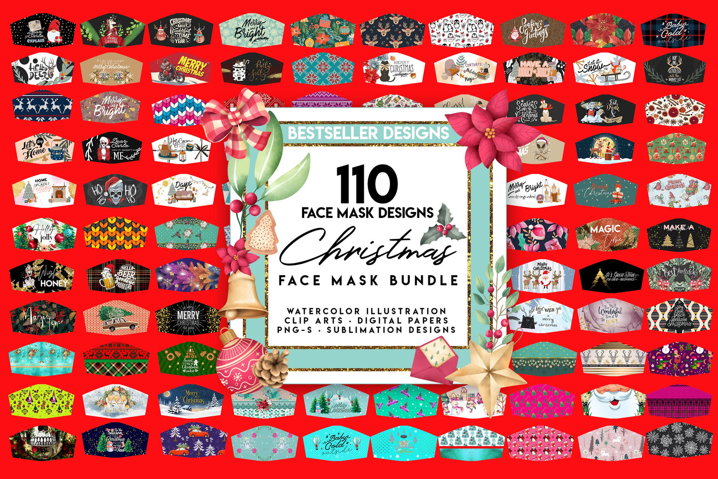 Christmas Face Mask Designs HUGE BUNDLE Facemask Sublimation Design Template Face Mask Designs Templates Face Mask Design Bundle 110 Png